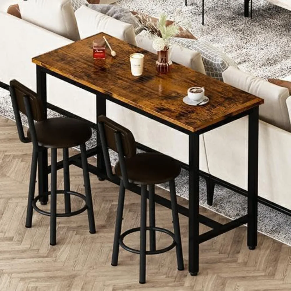 

47.2" Bar Table Set of 2,Pub Height Table & 2 PU Upholstered Stools Backrest,3 Piece Breakfast Bar Table Sets,Living Room,Bar