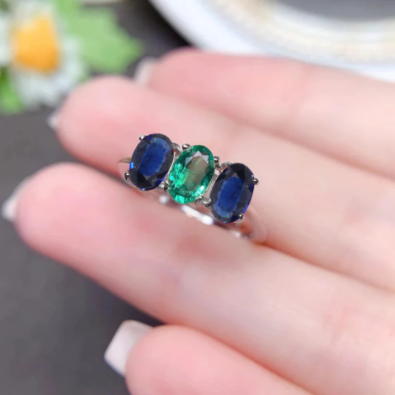 

4mm*6mm Natural Emerald and Sapphire Ring Pure 925 Silver Jewelry