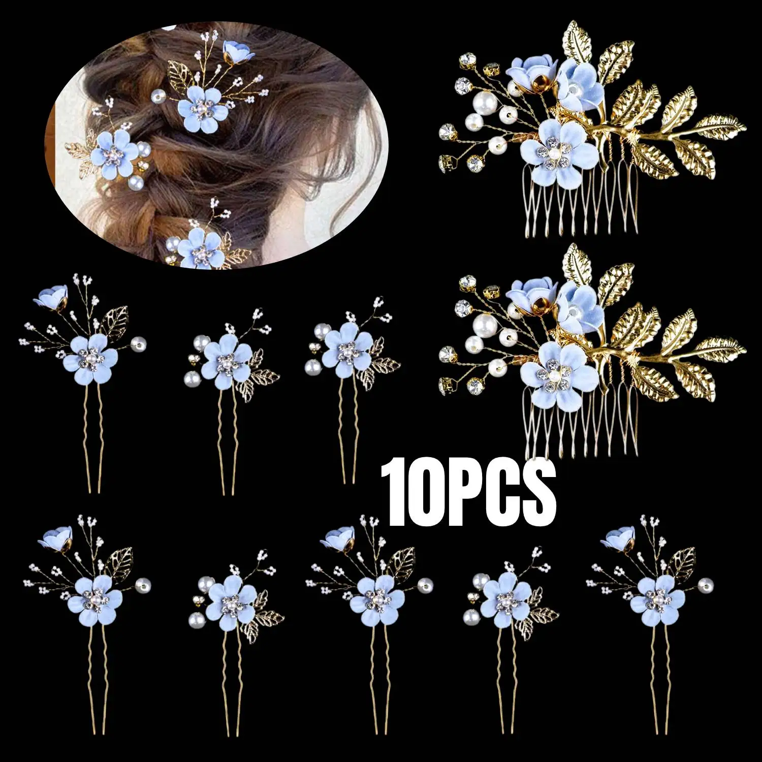 

10PCS Wedding Flower Hair Pins for Women, Bridal Hair Additions with Rhinestones And Faux Pearls for Side Combing