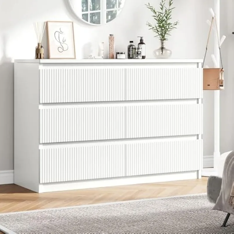 

White Dresser 6 Drawer Dresser for Bedroom, Modern Fluted Dresser with Deep Drawers