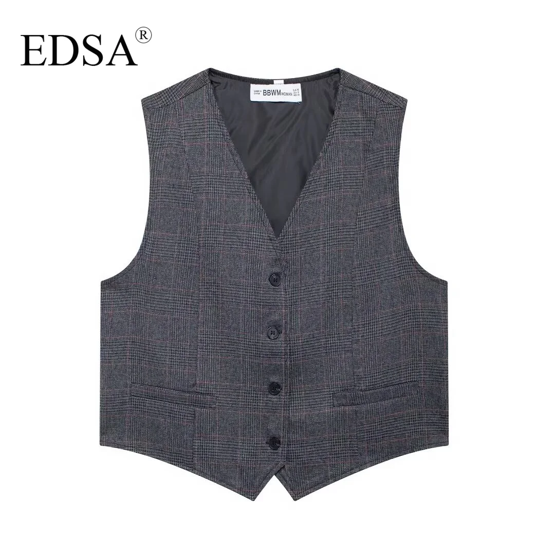 EDSA Women Grey Plaid Shorts Set 2 Pcs Sleeveless V-Neck Single Breasted Vest & Shorts Skirt for Female Streetwear