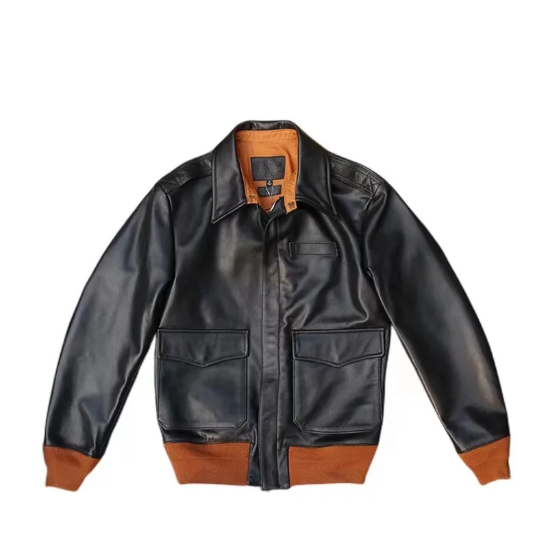 

A2 Flight Leather Jacket Uncoated Cowhide Slim Short Fit Military Top Gun Motorcycle Style Men's Autumn Winter Coat