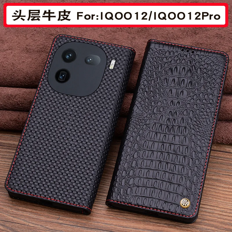 Wobiloo Luxury Genuine Leather Magnet Clasp Phone Case For Vivo Iqoo 12 Iqoo12 Pro Kickstand Holster Protective Funda Cover