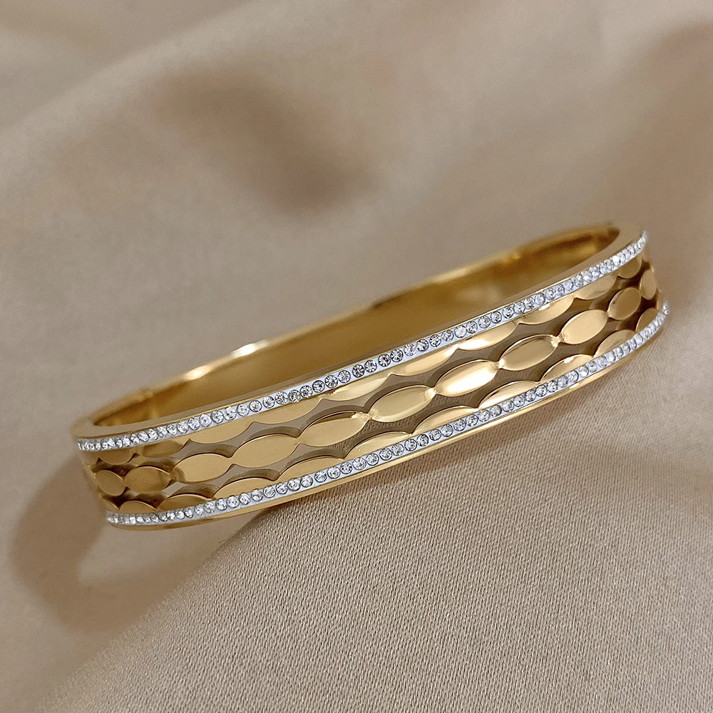 Greatera Trendy Rhinestone Charm Oval Stainless Steel Cuff Bracelet Bangles for Women Gold Plated Waterproof Jewelry