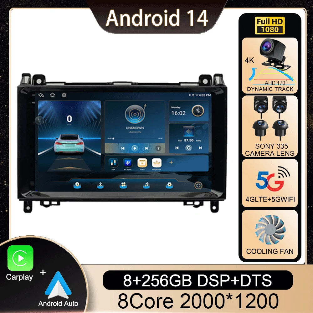 Android 14 9'' For Mercedes Benz B200 Sprinter W906 W639 AB Class W169 W245 Viano Vito Car Radio Multimedia GPS DVD Video Player