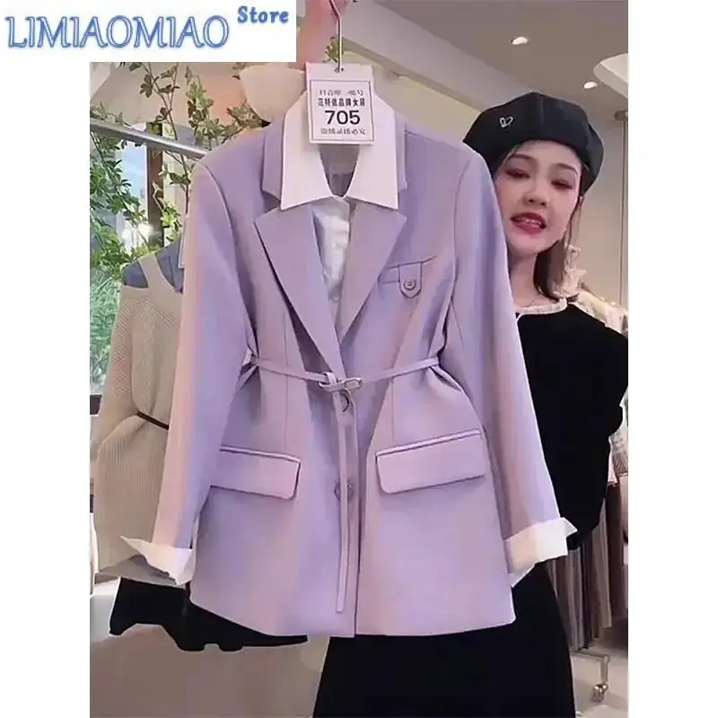 Spring Autumn New Women's Blazer Jacket Long Sleeved Fashion Purple Coat Advanced Sense Fashion Fake Two Suits Female Tops