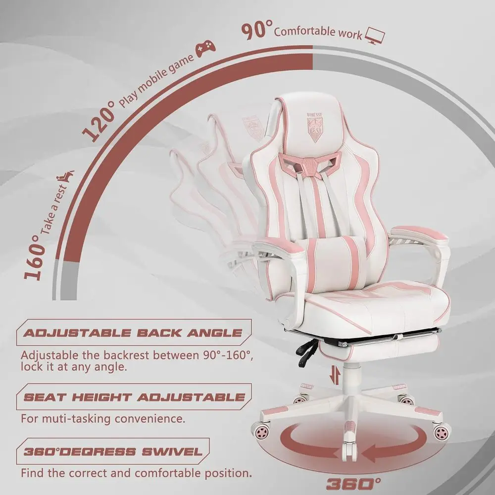 Ergonomic High-Back Gaming Chair with Footrest and Massage, White & Pink for Adults view 4