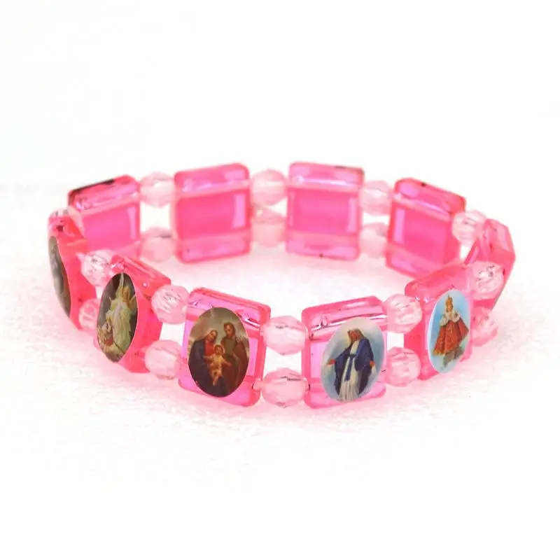 Vintage  And  Mary PVC Rosary Bead Bracelet With Elastic Band Religious Image Stickers For Daily Wear Parties