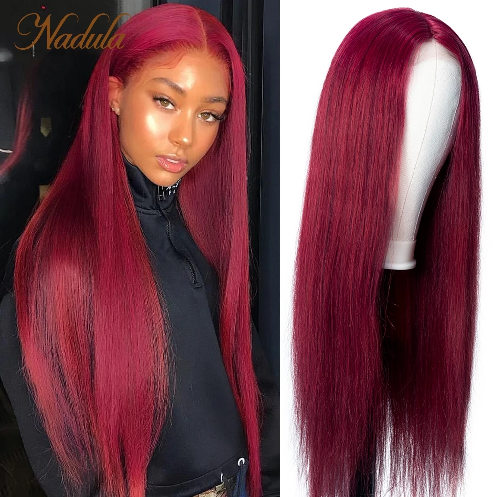 

Nadula Burgundy Human Hair T Part Wig 4x4 Fake Scalp Straight Hair Wig Brazilian Hair Burgundy Lace Wig For Women Pre Plucked