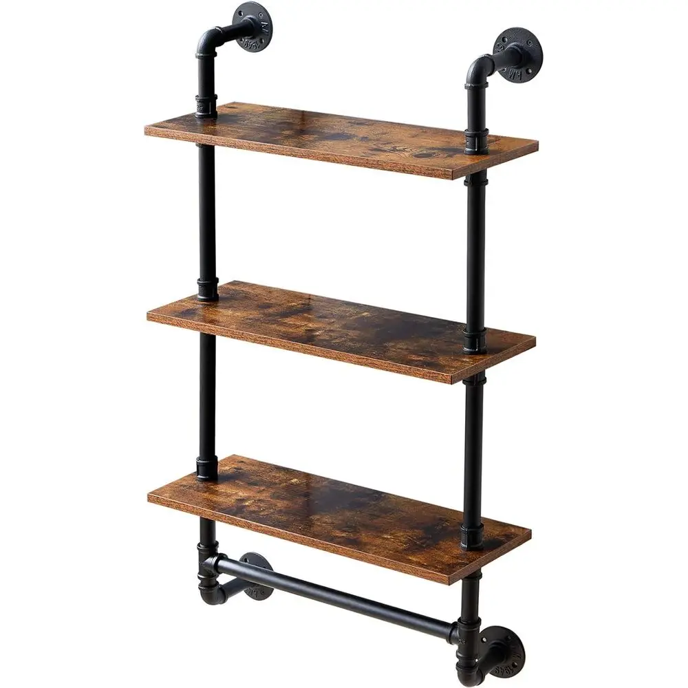 

Industrial Pipe Shelf,40.5 inches Wall Mount Bookcase,3-Tier Wall Shelf with Towel Bar,Rustic Iron Pipe Floating Shelvesfor Bedr