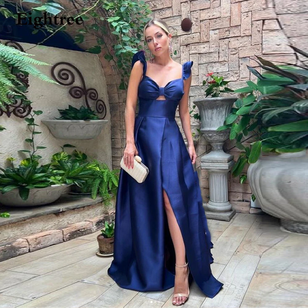 

Eightree Royal Blue Long A Line High Side Slit Evening Dresses Sleeveless Sweetheart Satin Formal Party Gowns Night Prom Dress