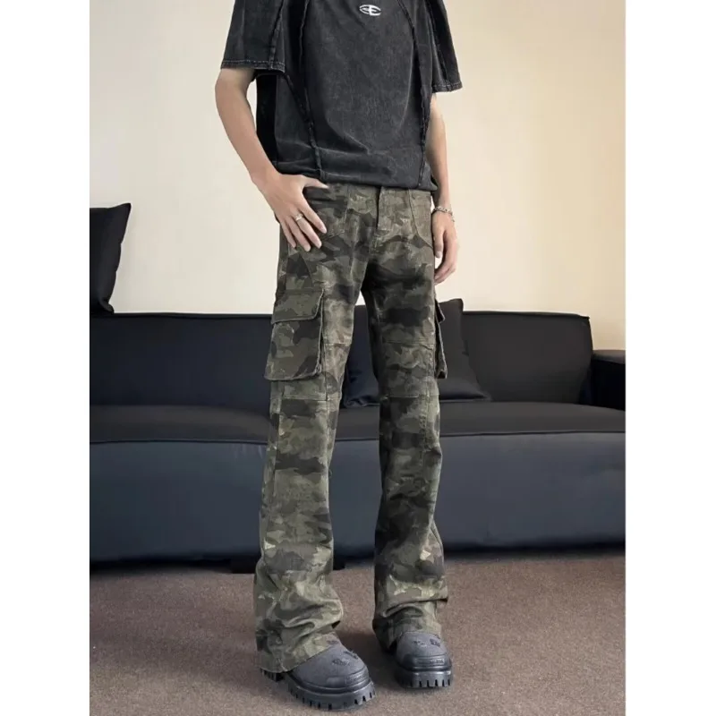 Pantalones Vaqueros para Hombre, Color Verde Militar, Corte Campana, Estilo Camuflaje, Lavado, Tipo Bootcut