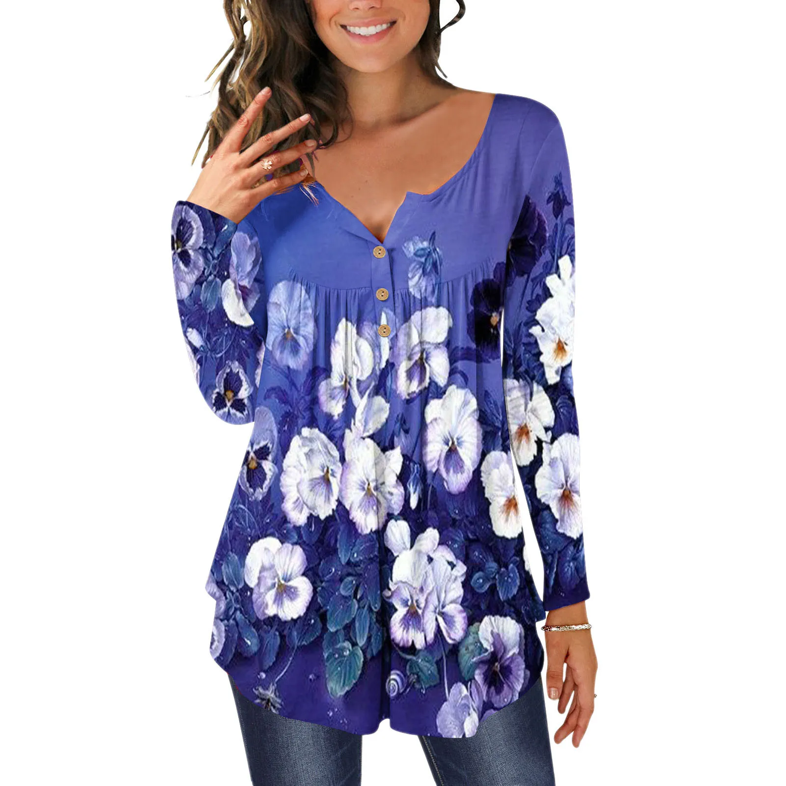 Spring And Autumn T Shirts Womens Floral Print Button Tunic Tops Long Sleeve V Neck Casual Loose Tee Vintage Clothes Топ 4