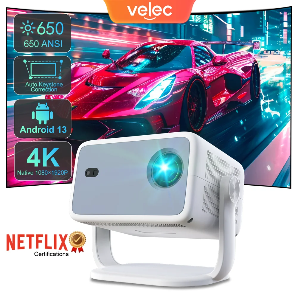 

Velec Netflix Certification Projector Android 13 4K Native 1080P 650ANSI With Auto Focus Wifi6 BT5.2 360° Home Outdoor Projector