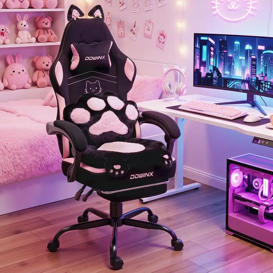 

Pink Gaming Chair with Cat Ears and Paw Lumbar Pillow, Ergonomic Reclining Chair, Memory Foam and Spring Cushion, Footrest