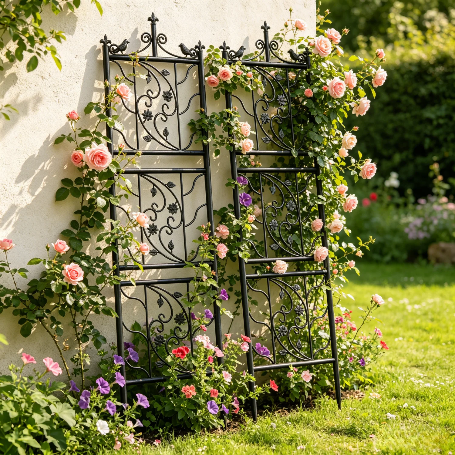 2x Tall Thick Metal Garden Trellis Bird Leaf Grid Panel Support Climbing Trellis
