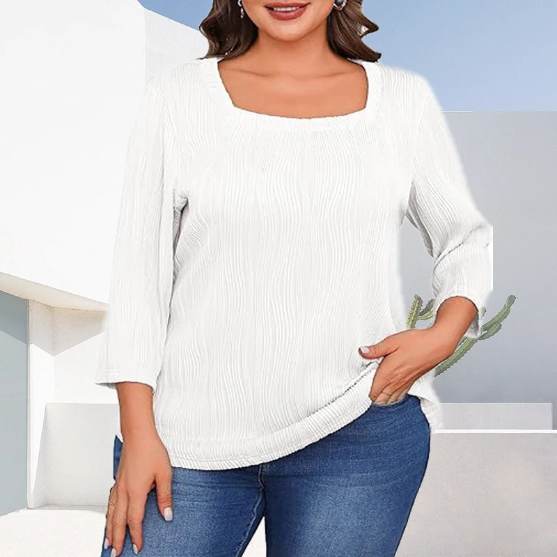 

2025 Popular Pure Color Pattern 7/8 Sleeve plus Size T-Shirt Comfortable Casual Top in Rich Colors for plus Size Fashion