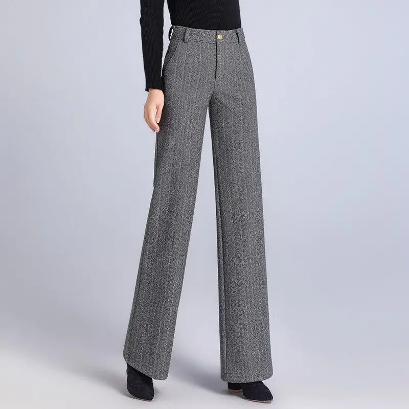Woman Trousers Autumn Winter Baggy High Waist Loose Tweed Pants for Women Straight Leg Casual Chic and Elegant Xxl Slacks Nylon