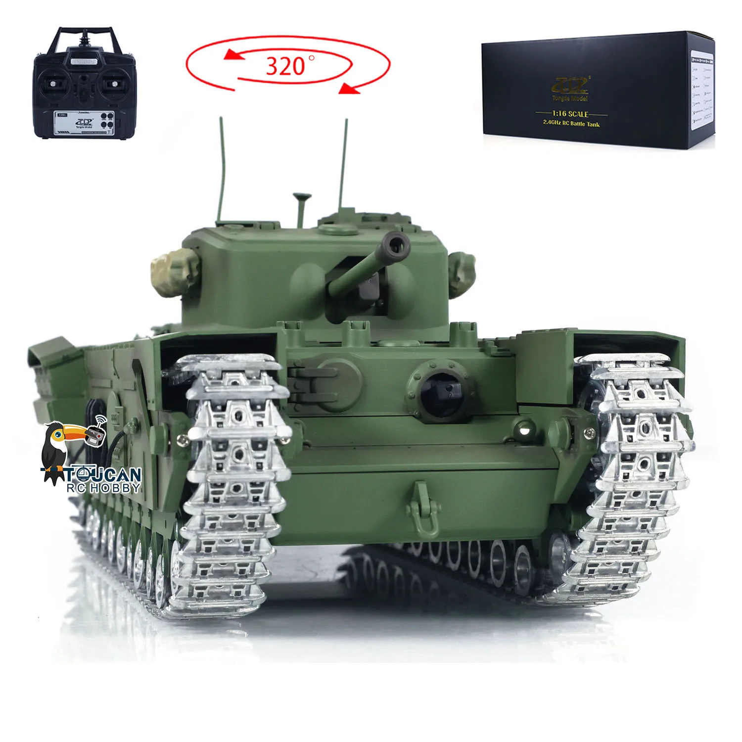 1/16 Scale RC Battle Tank Tongde Model Churchill Mk.VII Electric Infantry Battle Fighting Vehicles with Light Sound Smoking Toys