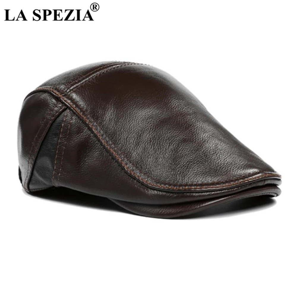 LA SPEZIA Flat Cap for Men Autumn Winter Real Leather Male Beret Patchwork High Quality Black Brown British Style Men\'s Ivy Cap