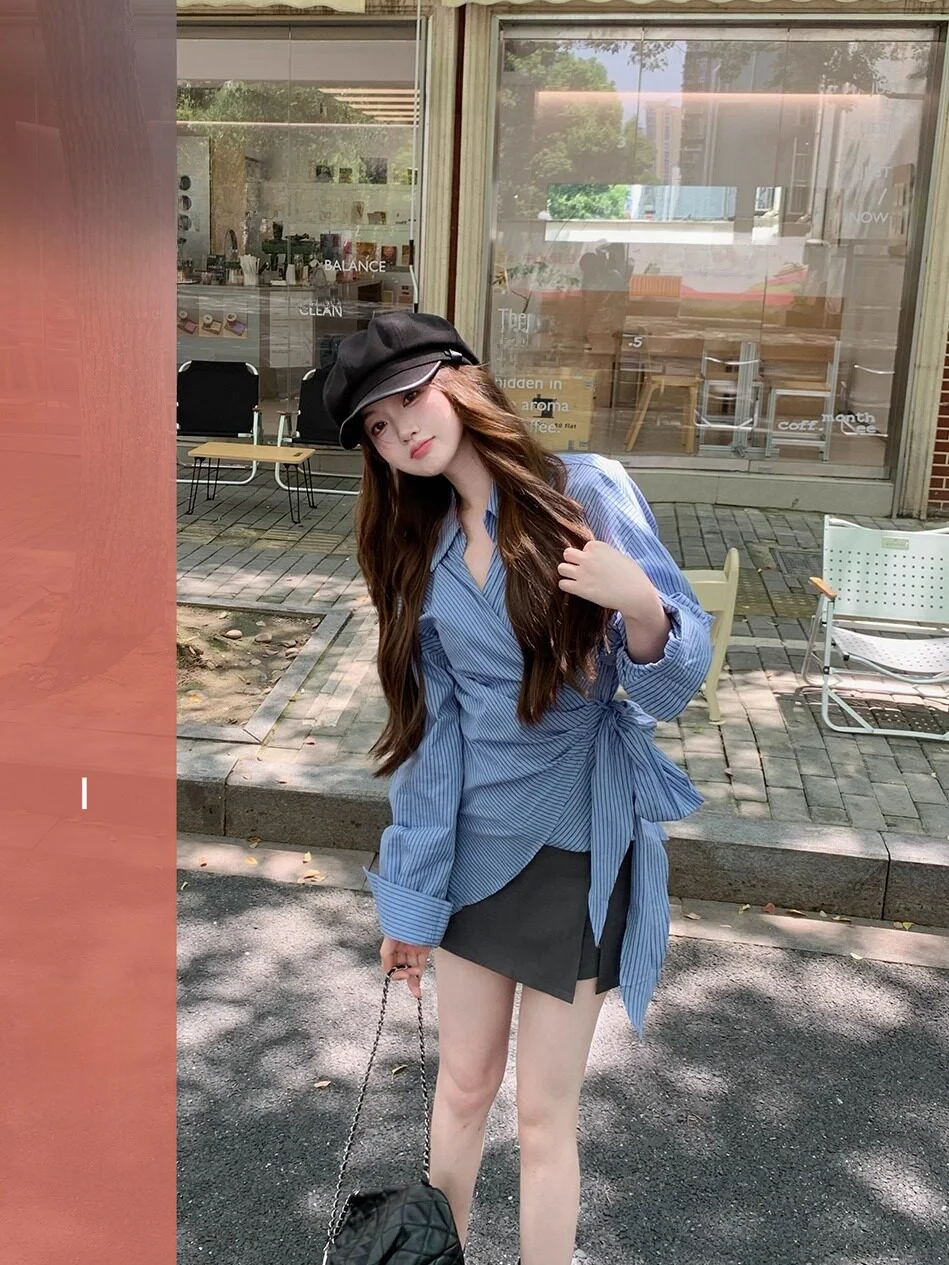 

Slim Fit Long Sve V-Ne Striped irt Women's Cross Waist Tie Spring Autumn Slimming Top Korean Sle Cotton Blend