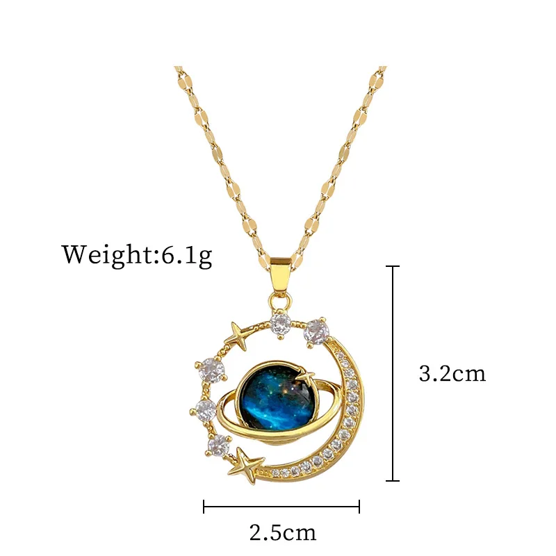 DIEYURO 316L Stainless Steel Blue Starry Planet Zircon Pendant Necklace For Women New Trend Fashion Collarbone Chain Jewelry Gif