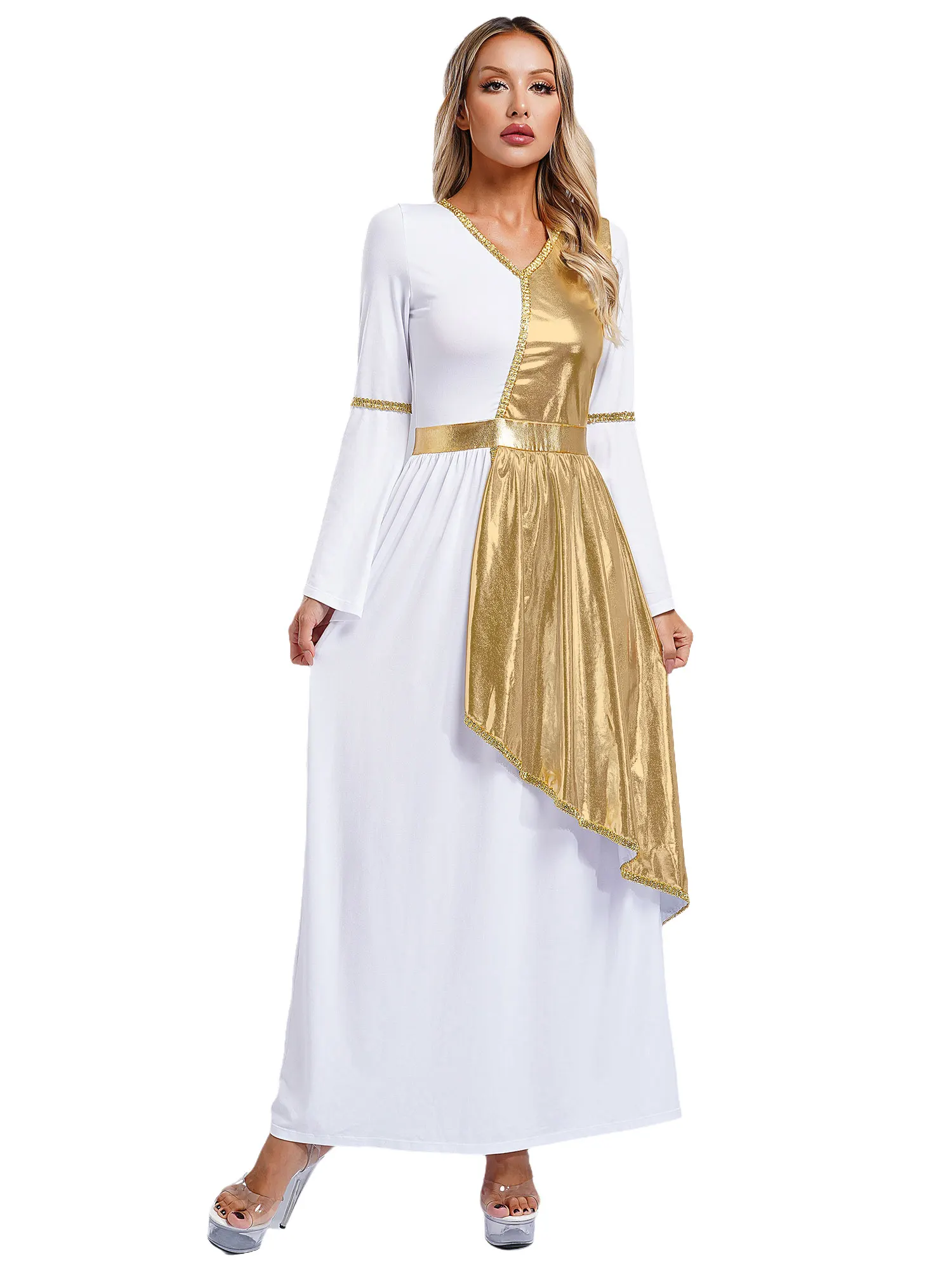 Women Roman Greek Beauty Toga Dress Halloween Carnival Dress-up Theme Party Costume Overlay Gold Trim Choir Worship Long Robe