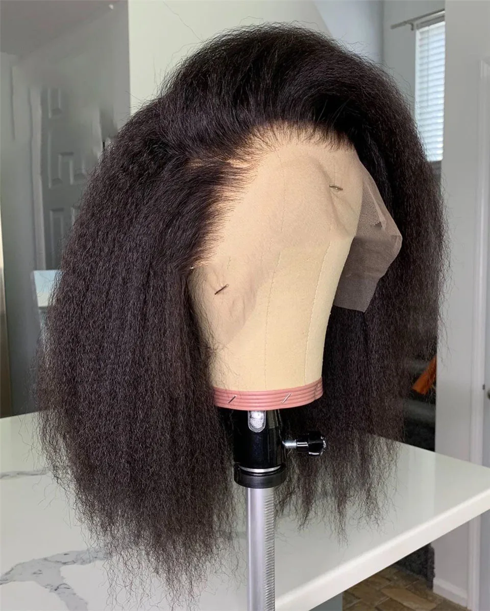 

Мягкий прямой яки, предварительно сорванный, свободная часть, короткий боб, странный прямой синтетический парик 13x4, кружевной передний парик с детскими волосами, бесклеевой, на каждый день