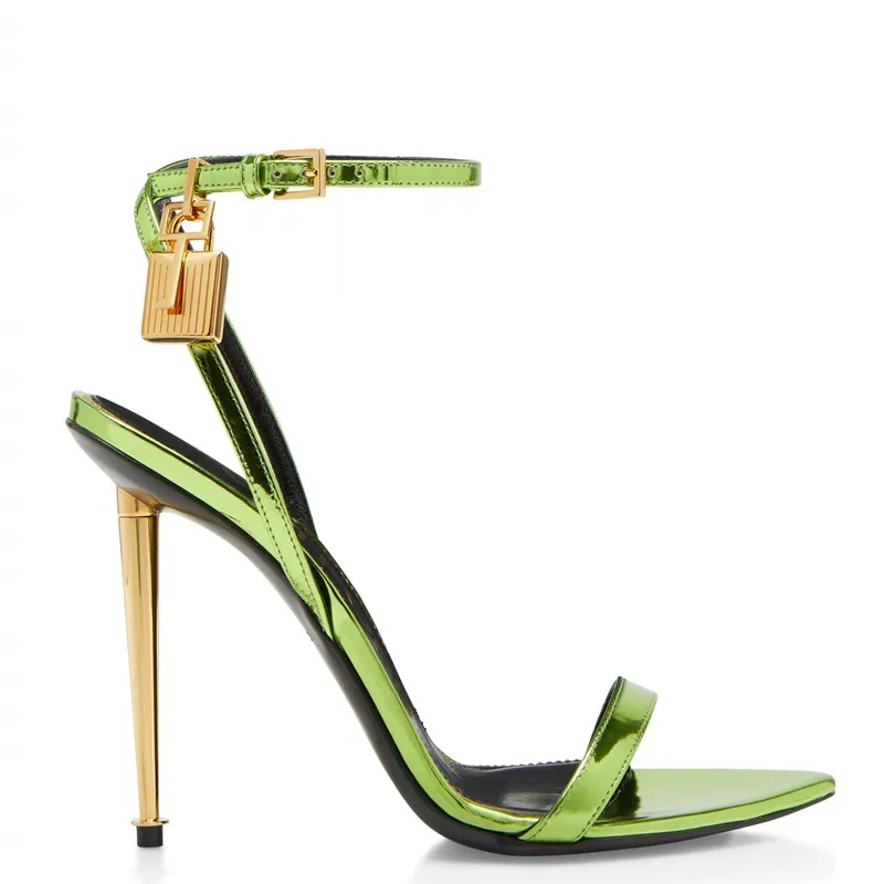 

Padlock Gold Heels Women Sandals Green Metallic Leather Runway Dress Shoes Ankle Strap Stiletto High Heels Celebrating Shoes