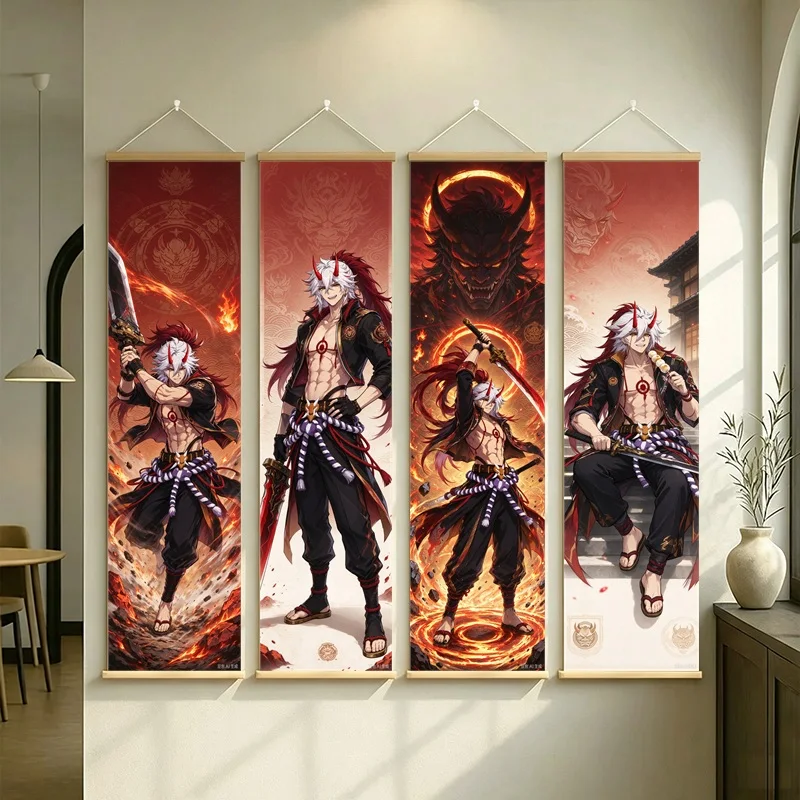 Hanging Scroll Wall Art of Genshin Impact Arataki Itto with Red and Gold Motifs, Silver Shimmer Canvas for an Anime Bedroom