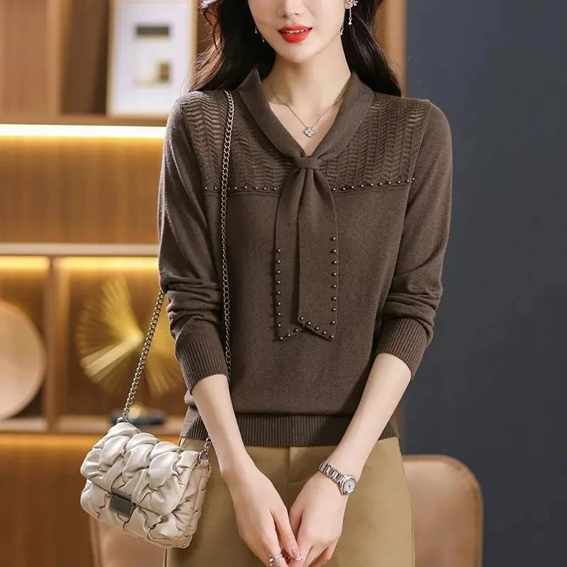 Spring Autumn Women's 2024 Loose V-neck Bow Knot Ladies Pullover Sweater Long Sleeved  Fashion Elegant Female Knitting Jumper