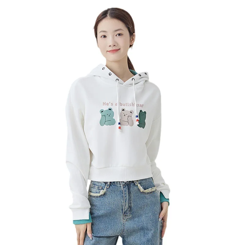 

Cartoon Printing Female Hoody Fashion Autumn Sweatshirt High Quality Hooded Simple Casual Hoodies Sportswear Women's Short Coat