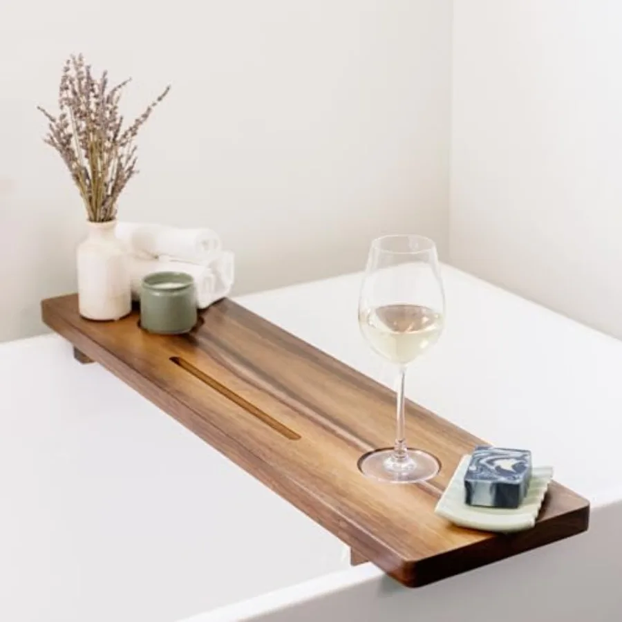 Bandeja de Bañera de Madera de Acacia Premium para Bañera Independiente, Grande, Gruesa, de 35 cm, Antideslizante, No Tóxica, Ajustable, con Accesorios de Baño