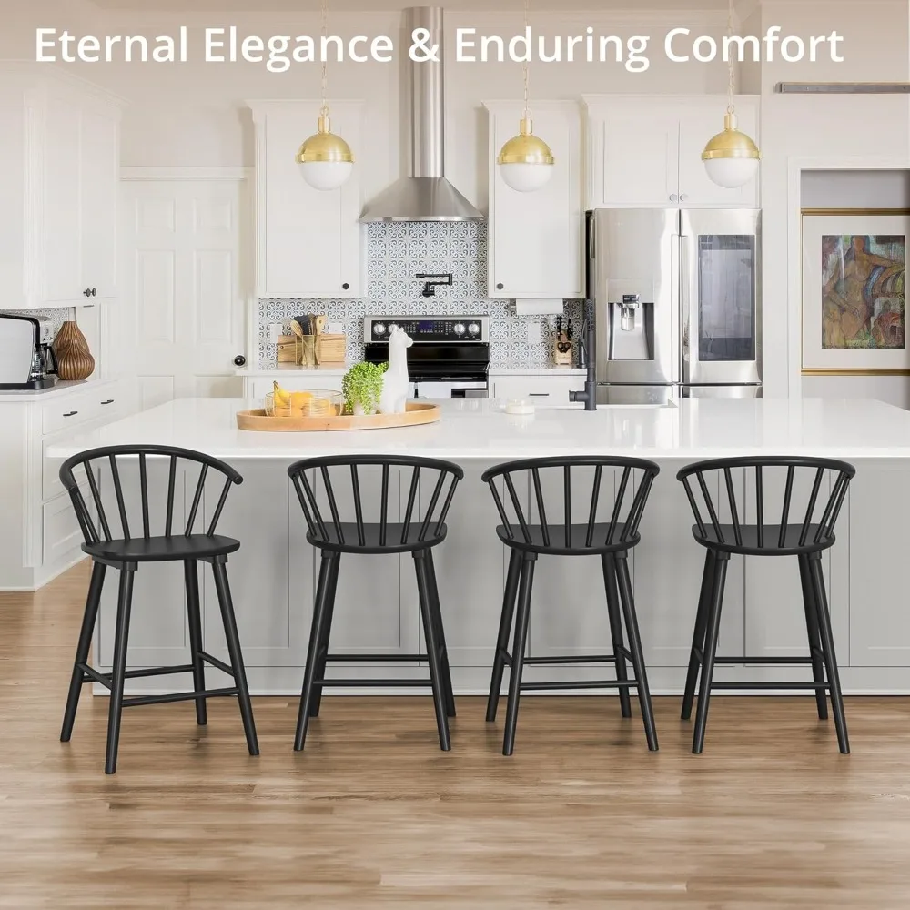 Set of 3 Black Farmhouse Style Mid Century Modern Counter Height Bar Stools with Semicircular Backrest