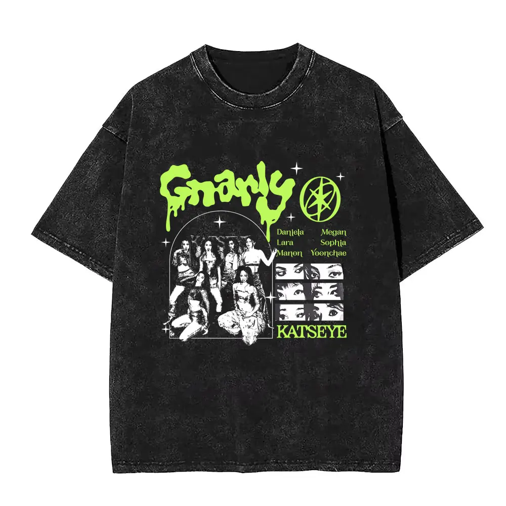 

Washed Vintage Korean Girl Group KATSEYE Gabriela Graphic T-shirt Men Women Fashion Pop Music T Shirts Unisex Oversized T-shirts