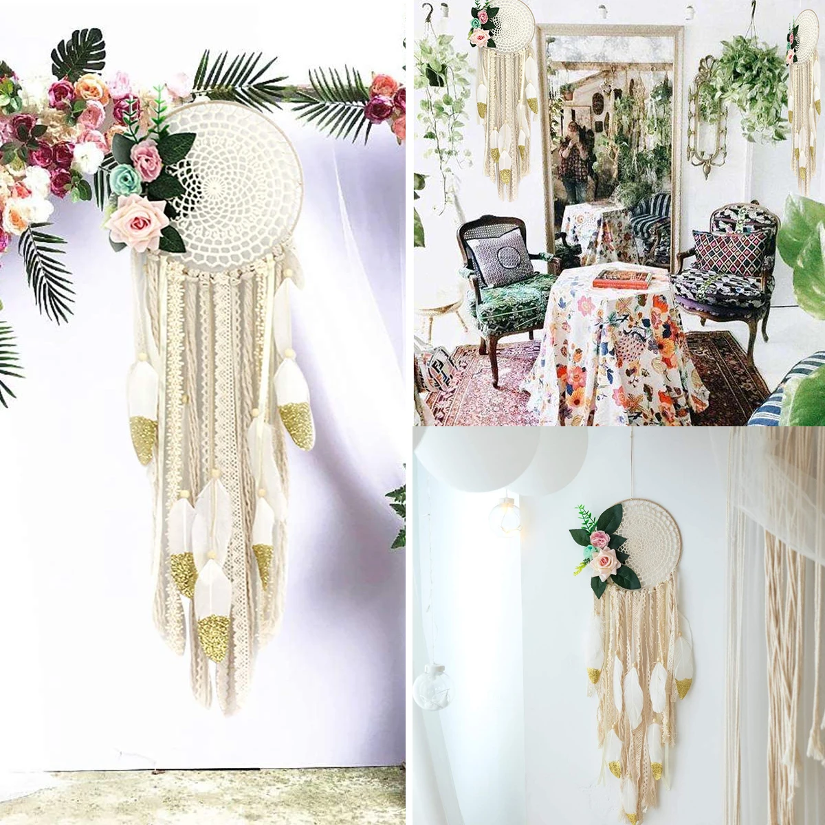 

MS0209 Creative Fresh Wedding Dreamcatcher Hanging Decorations With Flowers Wall Hanging Bohemian Home Wind Chime Decoration