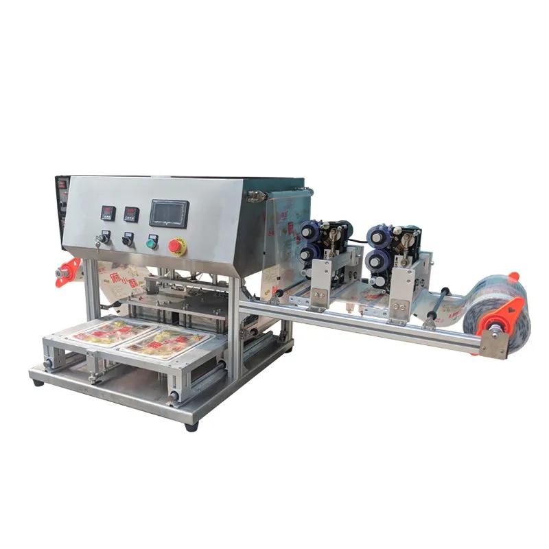 Food Grade 2 Trays Semi-automatic Fast Food Meat Bento Lunch Compartment Box Tray Sealing Machine Date Coding Paper Cartons High