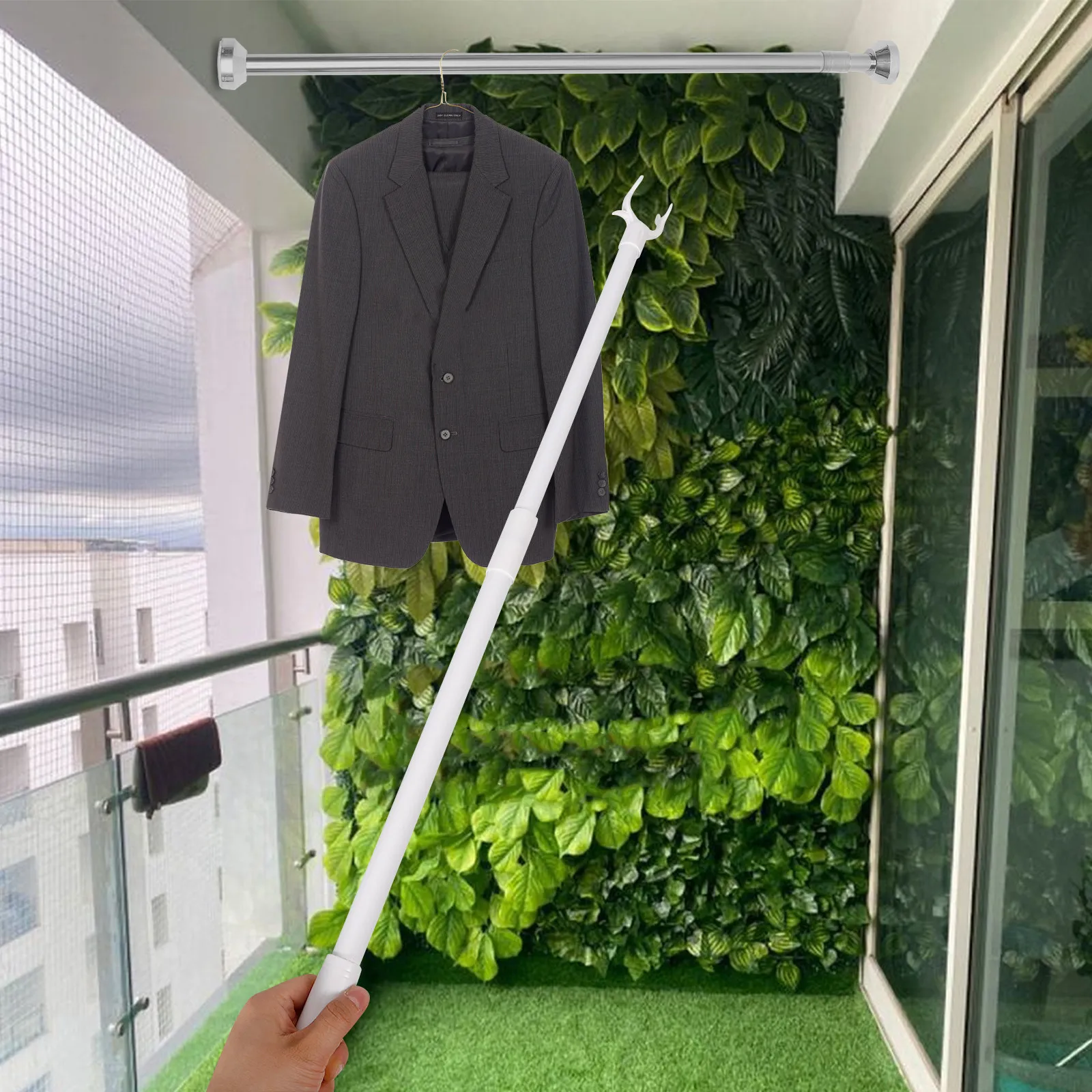 Detachable Clothes Reach Pole Adjustable Long Reach Clothes Drying Rod for Dorm Balcony Closet Household Space Saving Sturdy