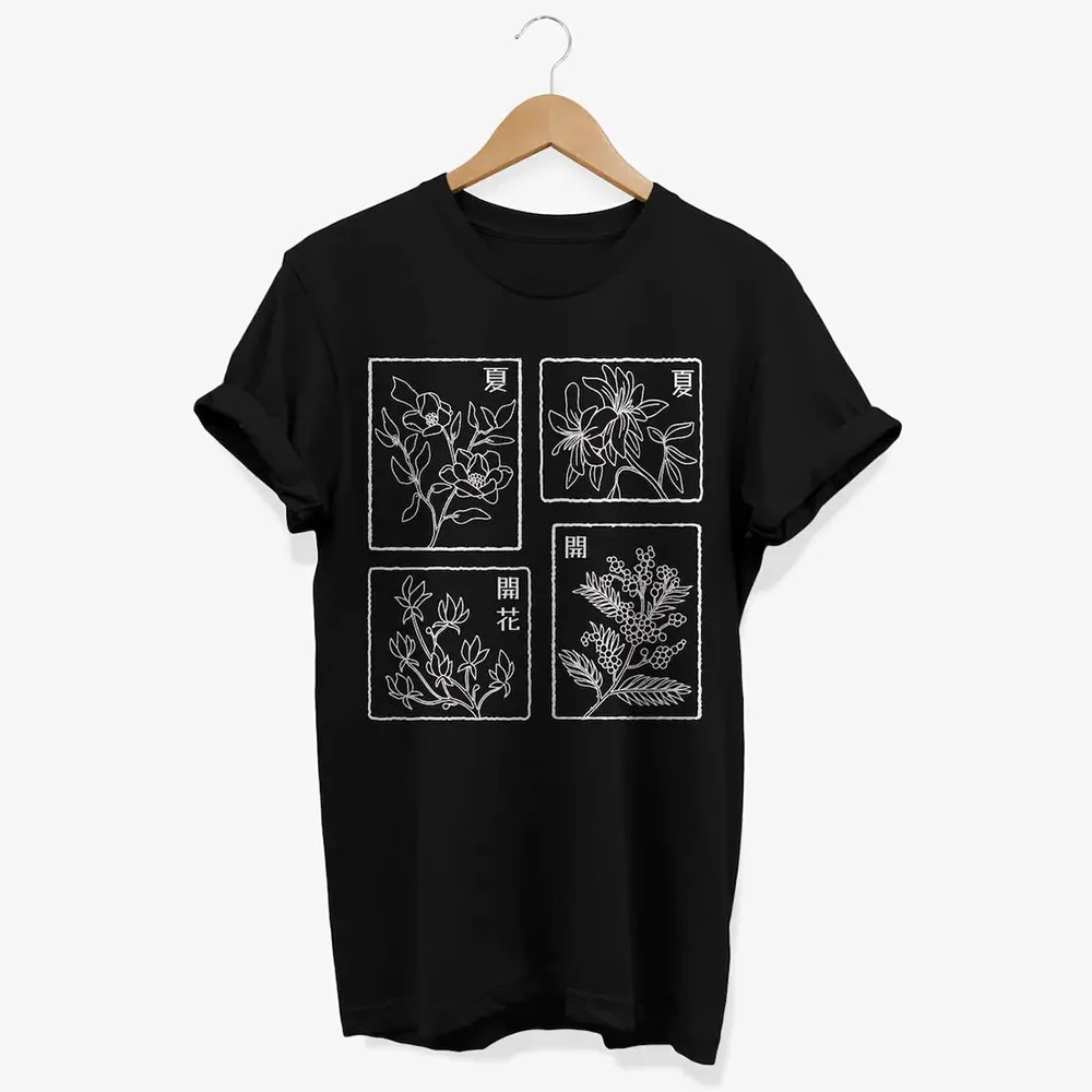 Japan Flower Printing Harajuku Style Female Cotton Short Sleeve T Shirts Summer Loose Cotton Crewneck Tops Tumblr Fashion Tees