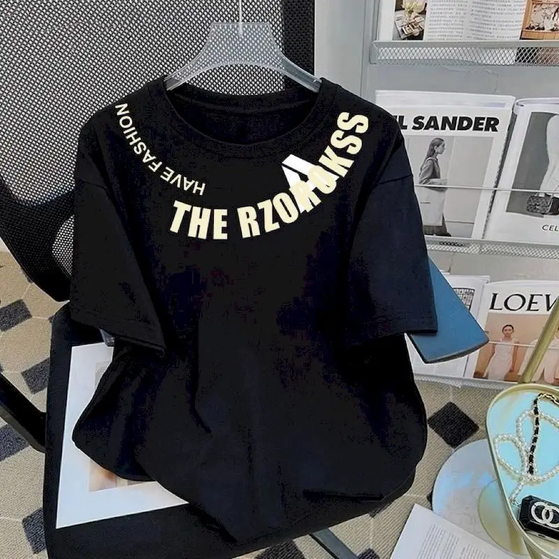 Cotton T Shirt Women Fashion Design Niche Letter Round Neck T-shirt Short-sleeved Mid-length Loose Casual Summer Tshirts