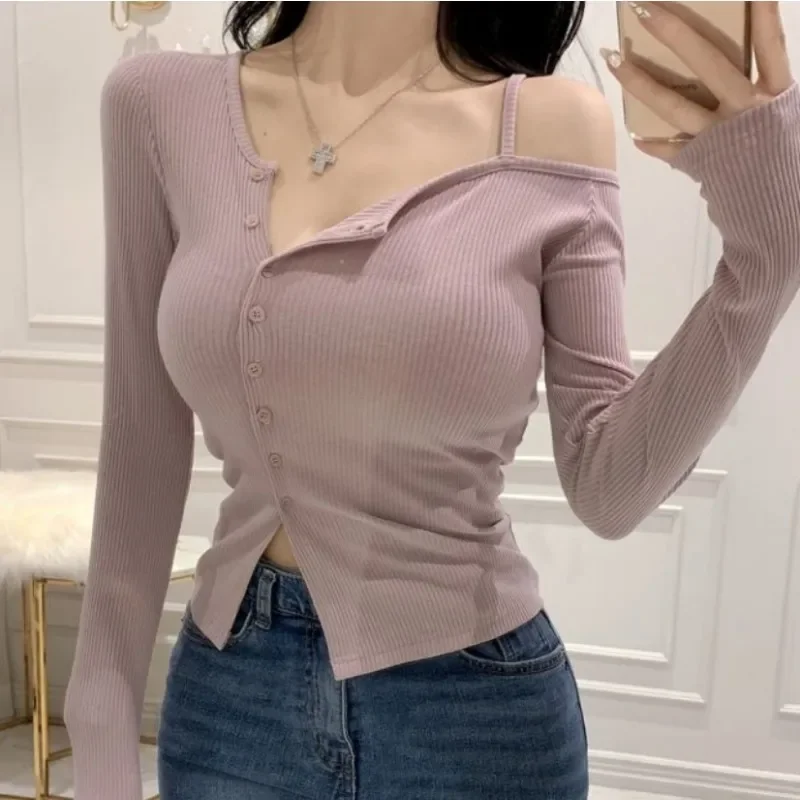 Korejepo Asymmetric Shoulder Strap Top Single Breasted Women Tight Fitting Slimming Tops Versatile Niche Irregular Cardigan