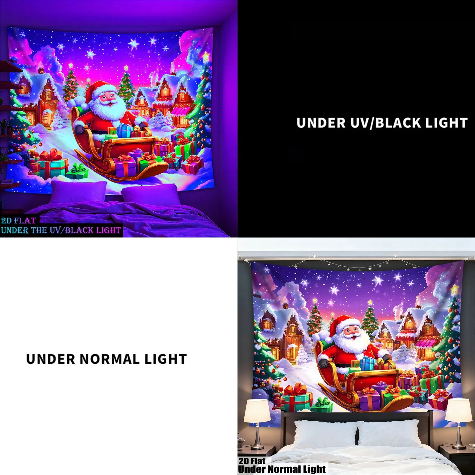 2D Flat, 1pc Glow-in-the-Dark UV Black Light Reactive Tapestry - Extra Large Fluorescent Santa Claus & Winter Wonderland Wall Ha