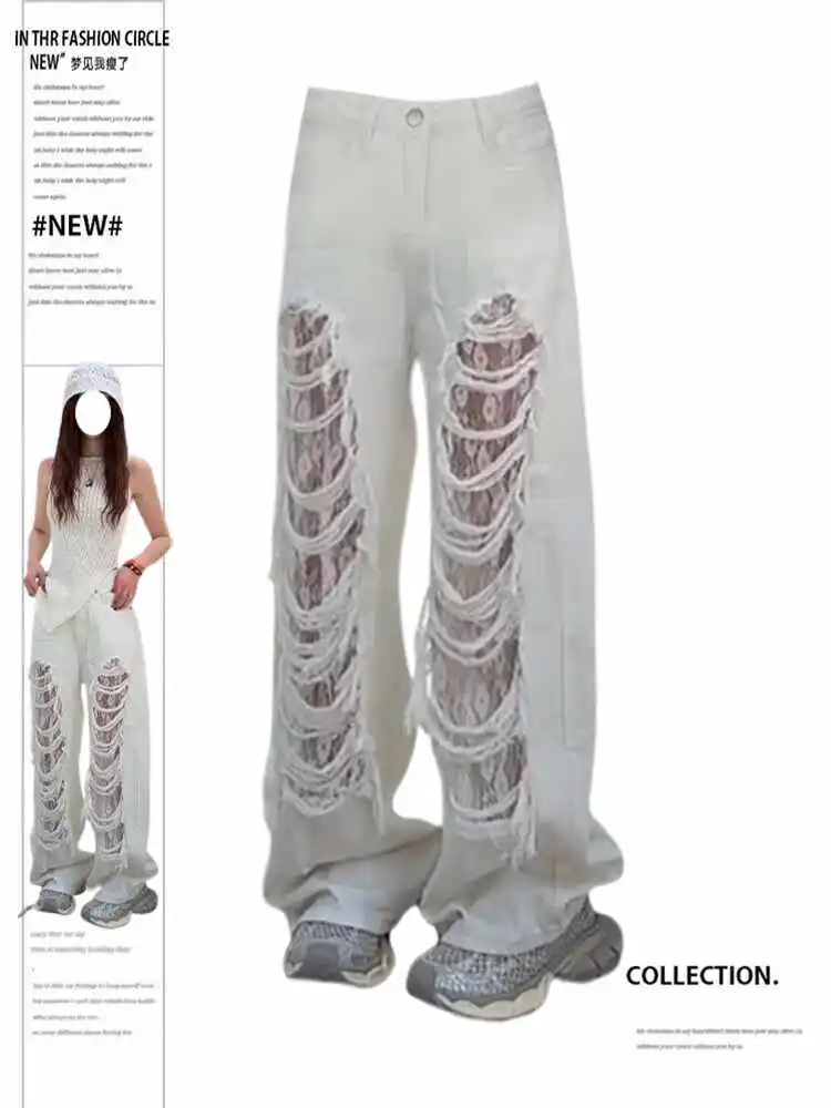 

Летние женские широкие джинсы с рваными элементами в стиле панк, с дырками, в стиле гоблин-кор, с кружевными вставками, джинсовые брюки в стиле гранж, K-pop, Y2K, американское ретро, ковбойский стиль