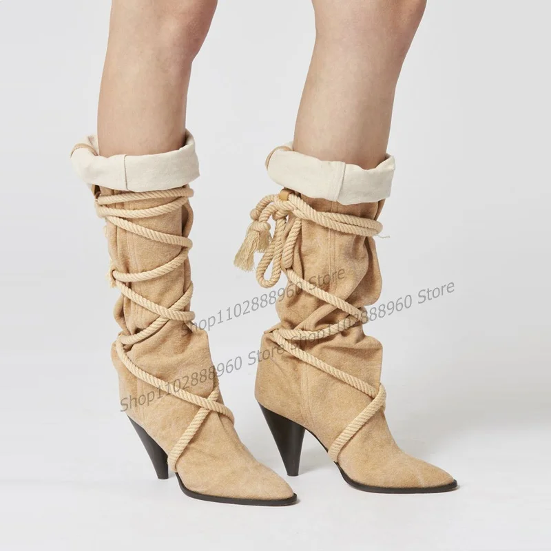 

Lace-Up Mid Calf Khaki Roll-Up Fringe Decor Boots Solid Cone Heel Women Shoes Pointed Toe 2023 Fashionable Zapatos Para Mujere