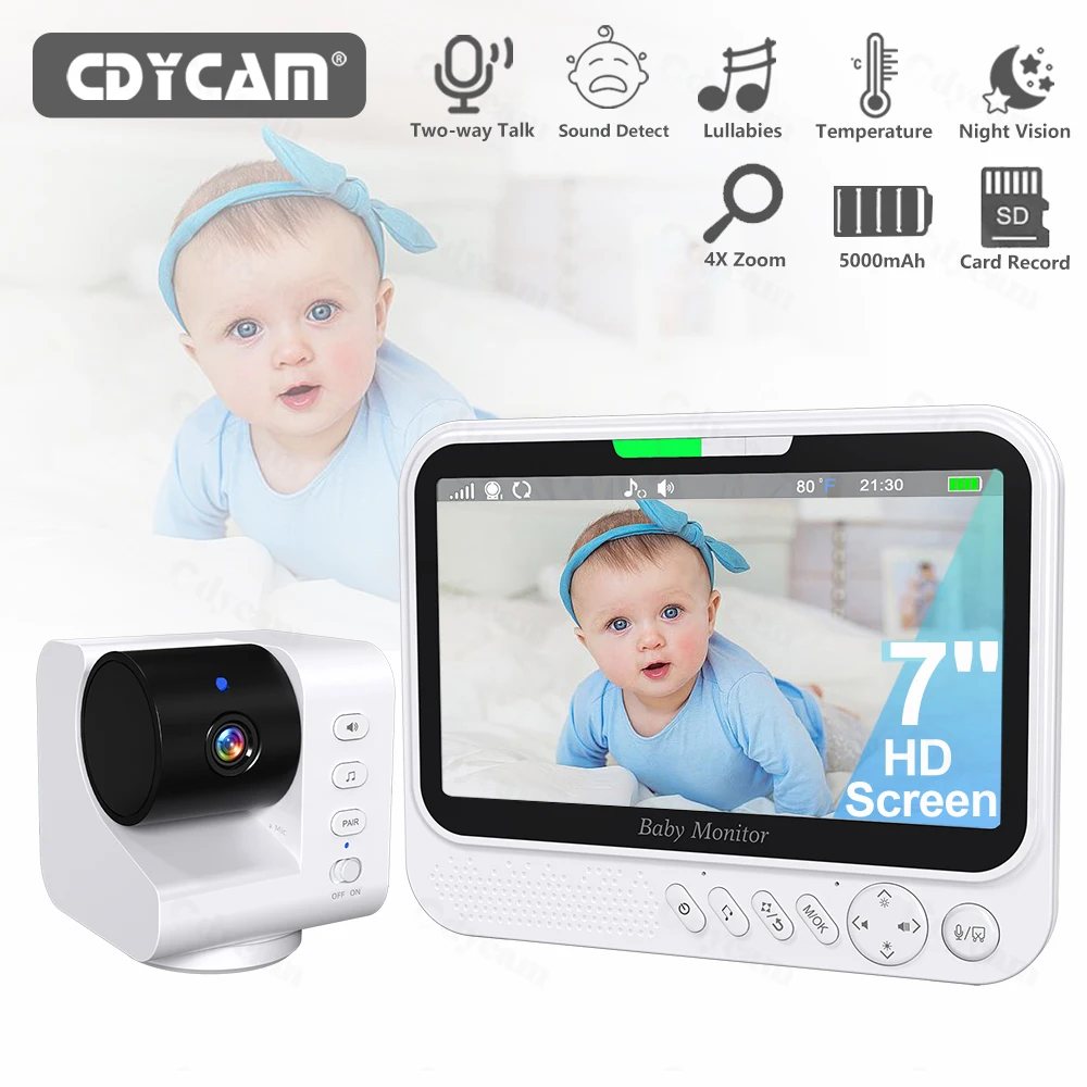 

7 Inch Video Baby Monitor 720P With 4X Zoom No WiFi Two Way Audio Night Vision 5000mAh Battery Protection Surveillance Video Cam