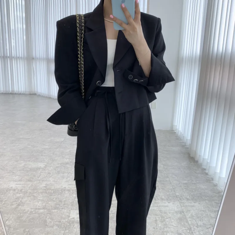 Women\'s Vintage Blazer Pants Suits Two Pieces Set Full Sleeved Short Blazers & Lacing Up High Waist Long Wide Leg Trousers