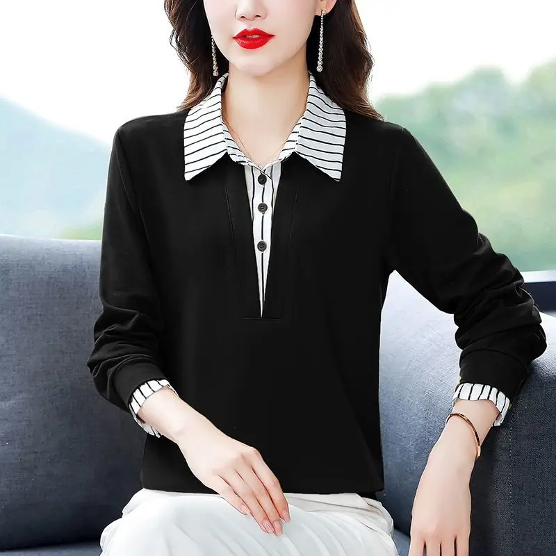 Spring Summer Tee Shirt Women\'s Clothing Long Sleeve Loose Turn-down Collar Striped Button Patchwork Elegant Fashion Casual Tops