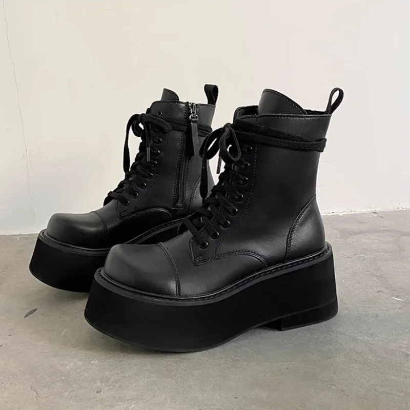 

8CM Women's Shoes Luxury Genuine Leather Platform Ankle Boots for Woman Fashion Lace Motorcycle Boots Designer Shoes Botas Mujer