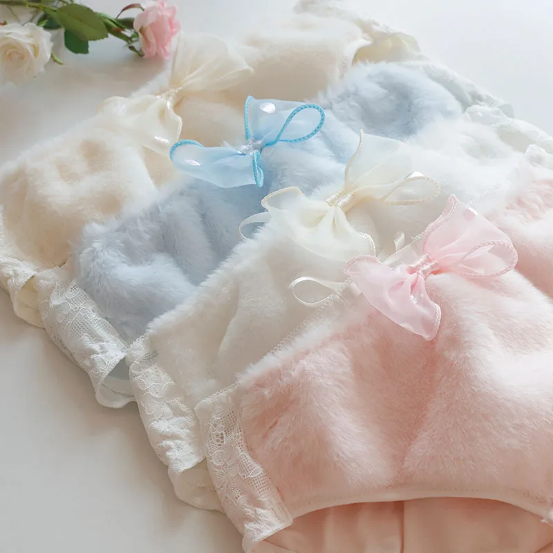 Damska zimowa bawełniana ciepła bielizna, puszyste, urocze, słodkie majtki w stylu księżniczki z kokardką, lolita, seksowne, koronkowe, ażurowe, na ramiączkach.
