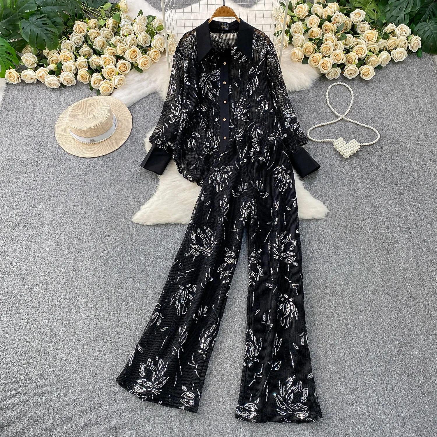 

SuperAen European and American Style Sequin Lapel Collar Mid-length Shirt High-waisted Wide-leg Pants Set